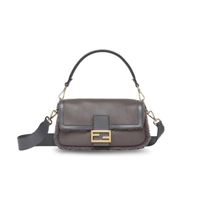 FENDI GREY LAMBSKIN SHEARLING MEDIUM BAGUETTE BAG 8BR600ALMRF1EFW (28*14*8cm)